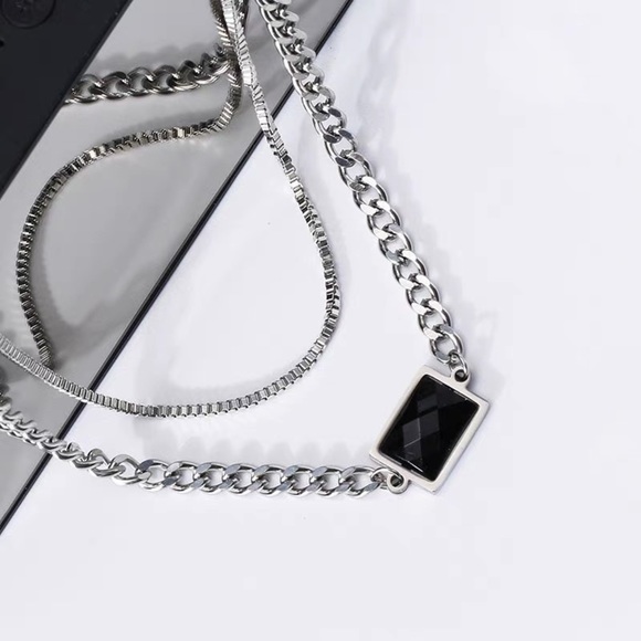 💎Black Rectangle Stone Titanium Steel Necklace Chain Double layer thick silver - Picture 6 of 10
